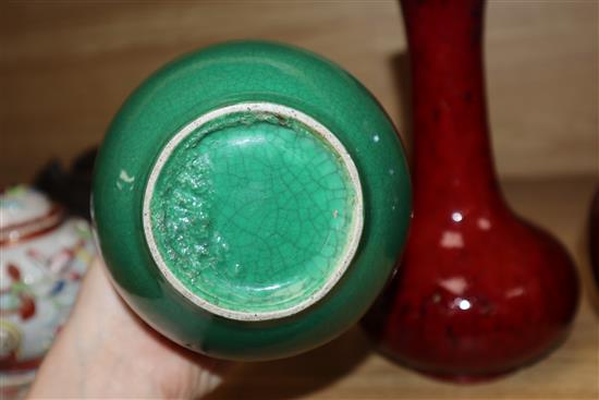 Two Chinese flambe glazed vases and a green crackle glaze double gourd vase (3) Tallest piece measures 23cm